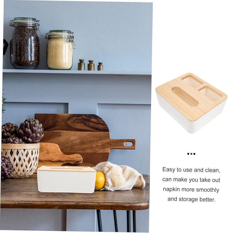 صندوق مناديل خشبي لسطح المكتب مع غطاء، حاوية تخزين مناديل سهلة التنظيف - Image 2